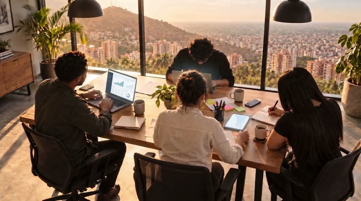 El equipo de CaliDev trabajando alrededor de una mesa, de espaldas, con Cali al fondo